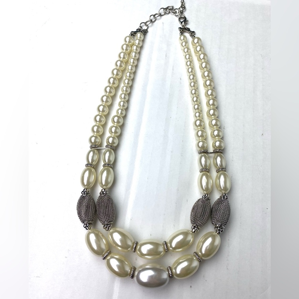 Women's Necklace Faux Pearl Beaded Silver Tone Two Tier Costume Fashion Dressy